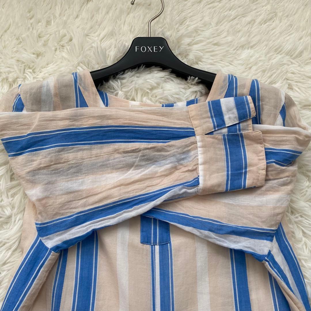 美品✨ヌキテパ　ロングワンピース　ストライプ　長袖　Vネック　フレア　コットン