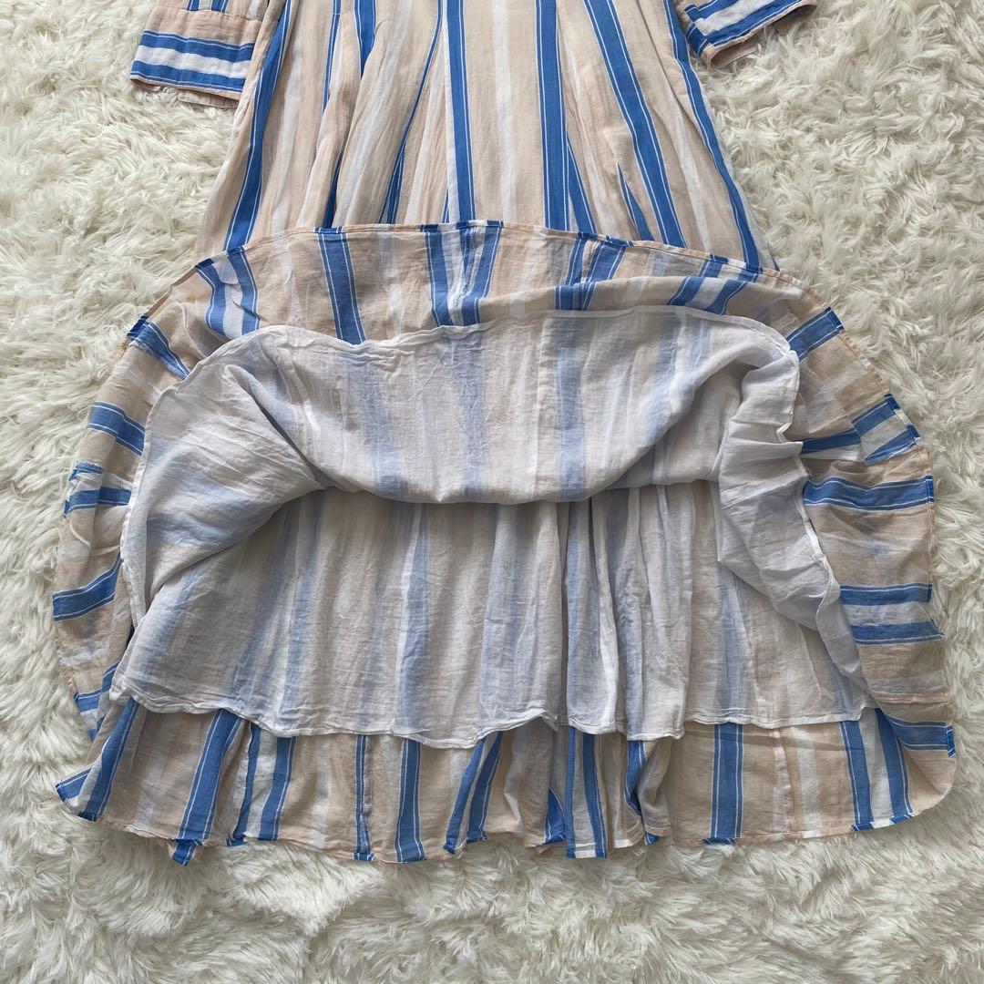 美品✨ヌキテパ　ロングワンピース　ストライプ　長袖　Vネック　フレア　コットン
