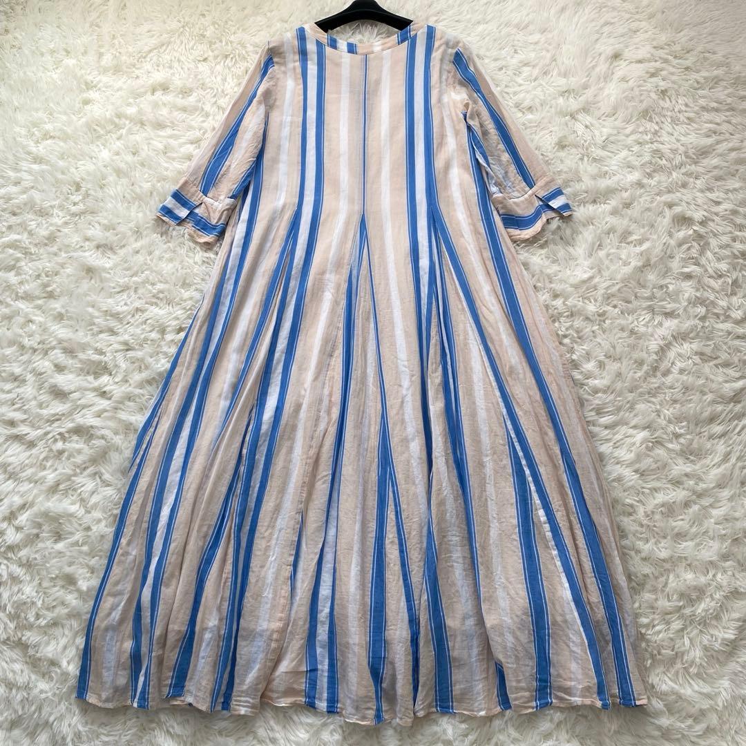 美品✨ヌキテパ　ロングワンピース　ストライプ　長袖　Vネック　フレア　コットン