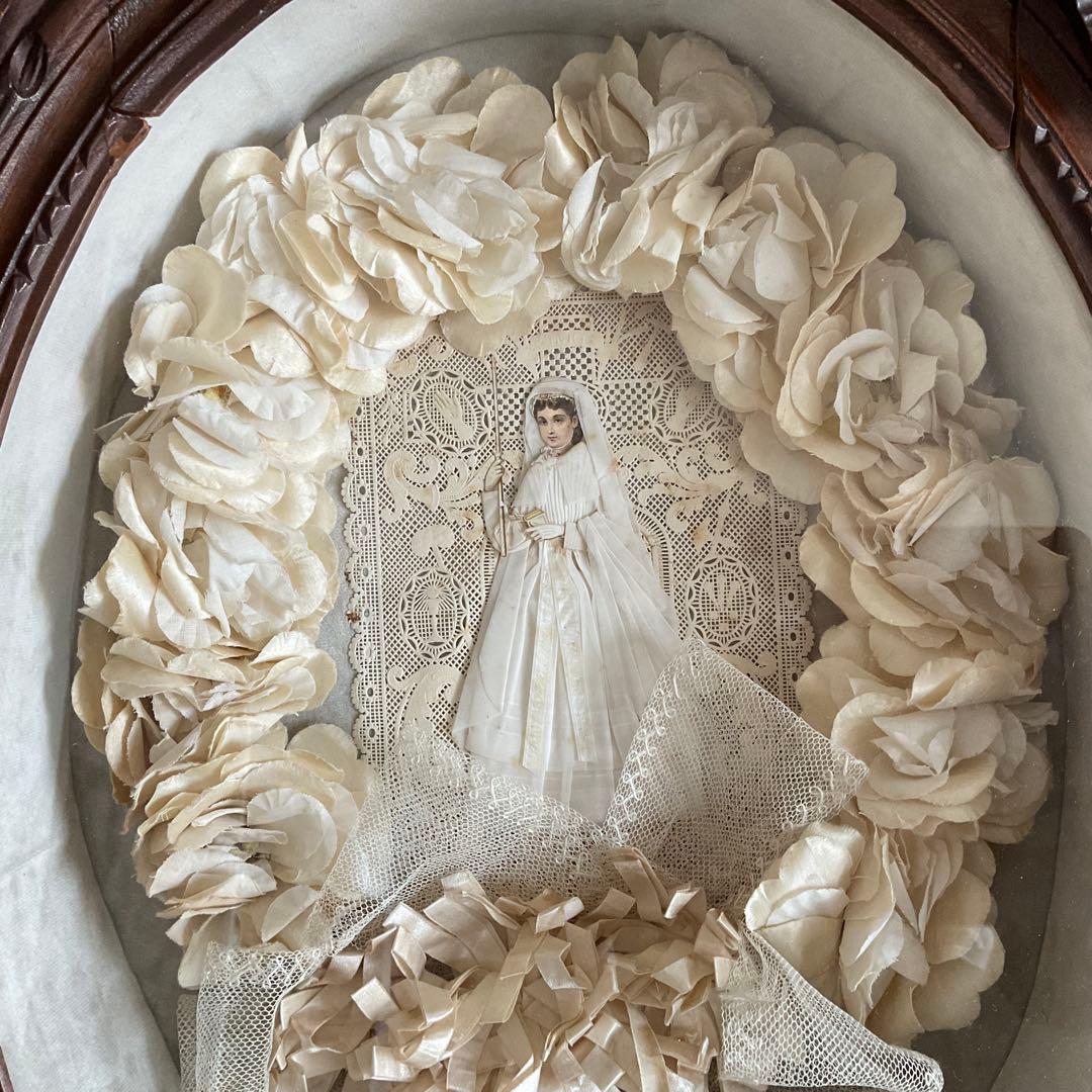 フランス　アンティーク　コミュニオン　布花　花冠　特大カニヴェ　リボン