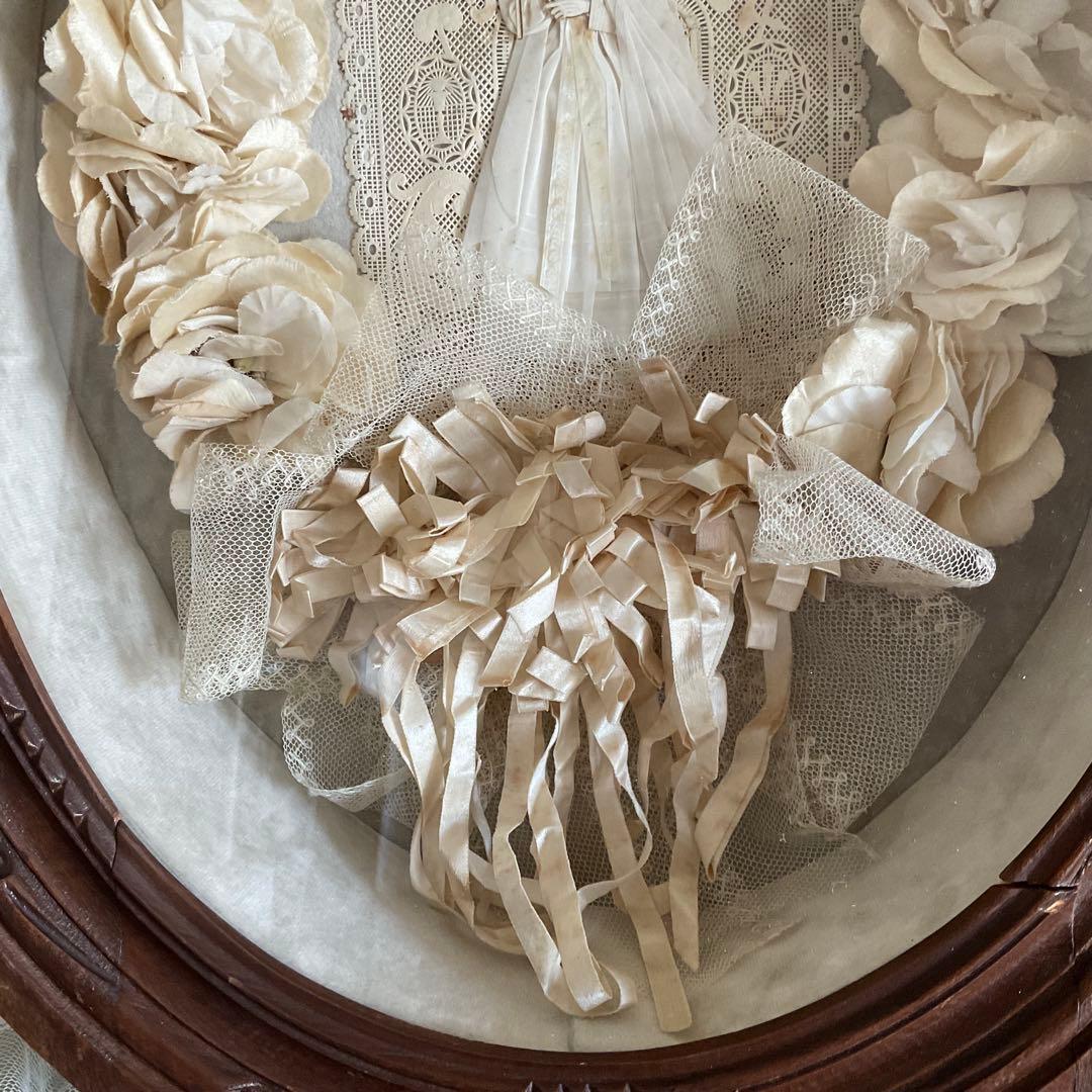 フランス　アンティーク　コミュニオン　布花　花冠　特大カニヴェ　リボン