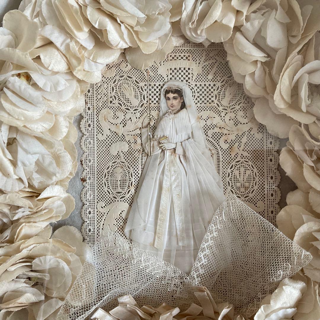 フランス　アンティーク　コミュニオン　布花　花冠　特大カニヴェ　リボン