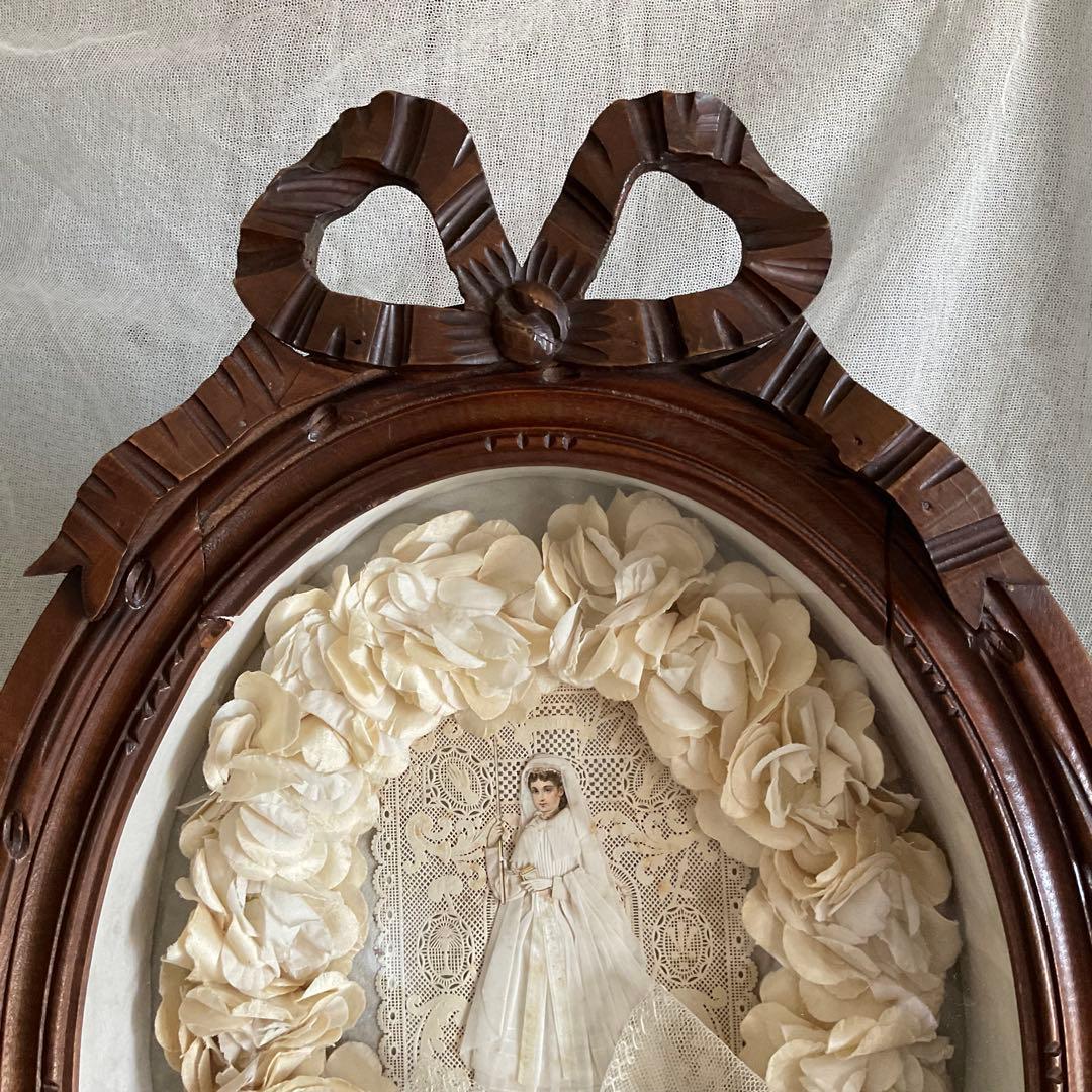 フランス　アンティーク　コミュニオン　布花　花冠　特大カニヴェ　リボン