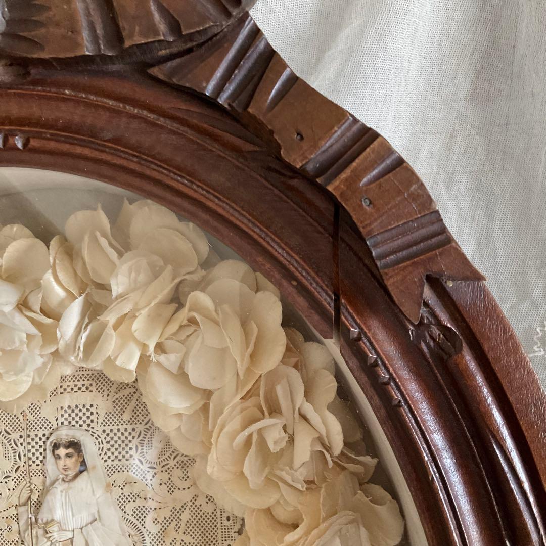 フランス　アンティーク　コミュニオン　布花　花冠　特大カニヴェ　リボン