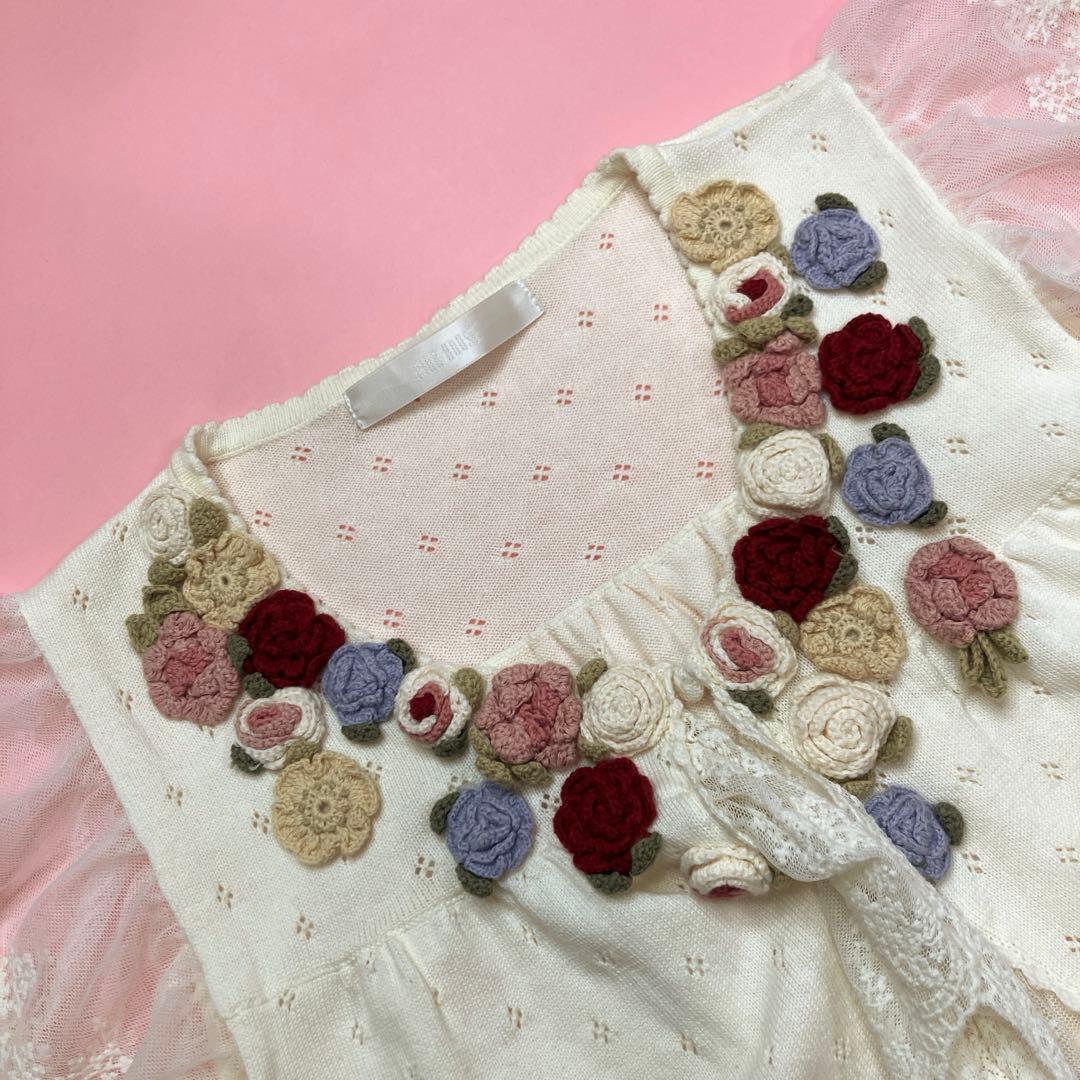【美品】ピンクハウス アイボリー カラフル花モチーフ レース使い ニットベスト