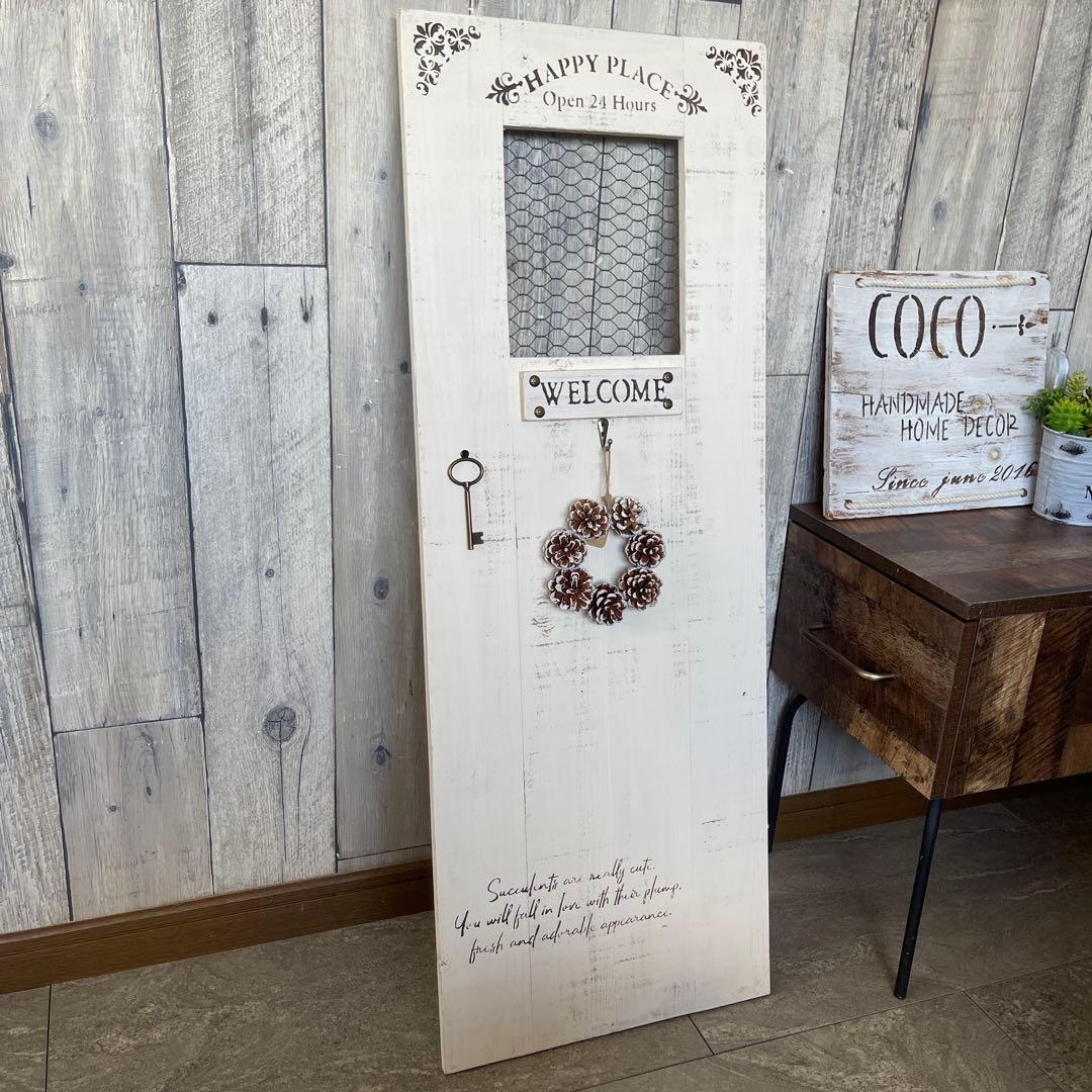 ホワイト　リース付き　扉風　オブジェ　木製　ウェルカムボード　ハンドメイド