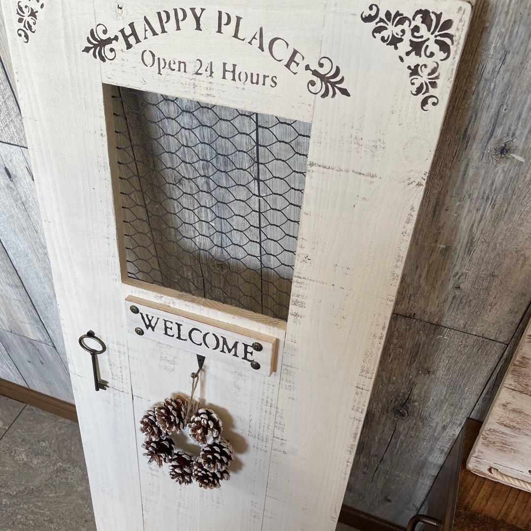 ホワイト　リース付き　扉風　オブジェ　木製　ウェルカムボード　ハンドメイド