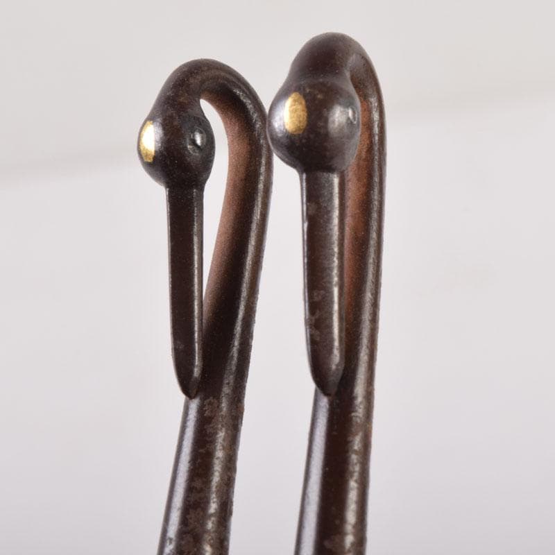 茶道具　金屋　金谷五郎三郎作　銅製　銀象嵌鶴頭火箸　共袋共箱　V　8571