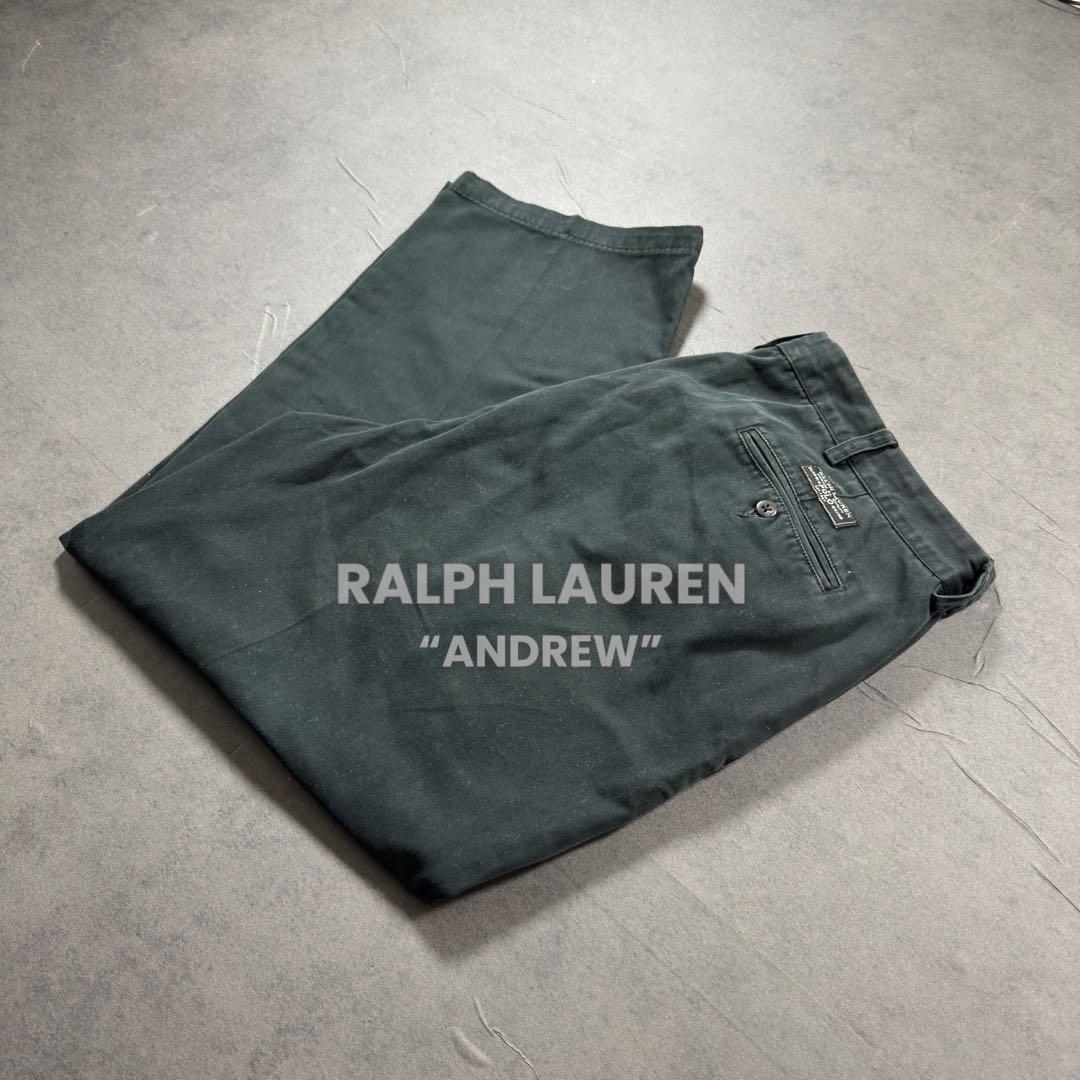 ラルフローレン 90s ANDREW ブラックポロチノ2タックW38L29 古着