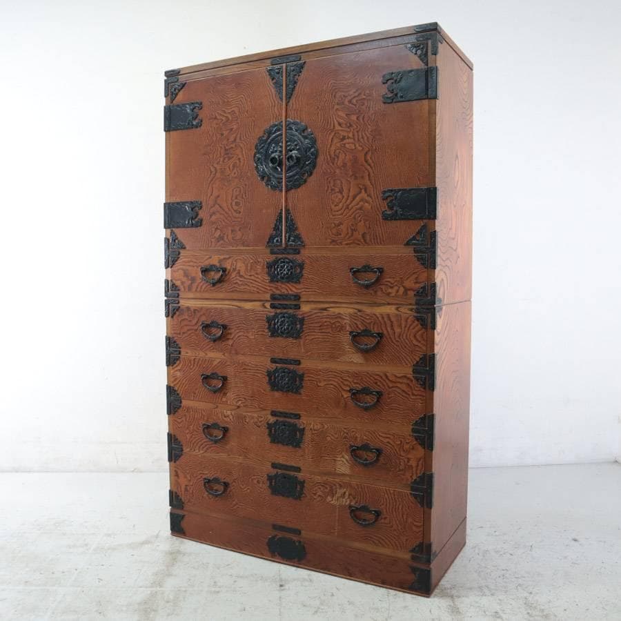 値下逸品！仙台箪笥 民芸家具 欅 美しい木目 二段重 和箪笥 和タンス 鍵付き