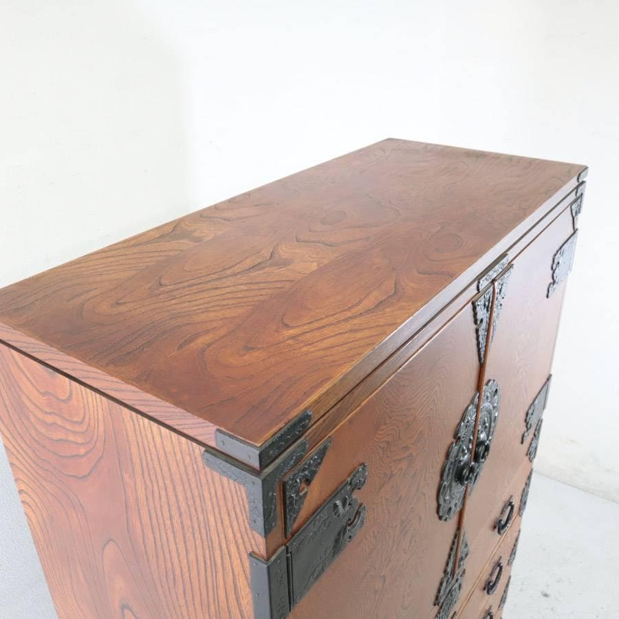 値下逸品！仙台箪笥 民芸家具 欅 美しい木目 二段重 和箪笥 和タンス 鍵付き