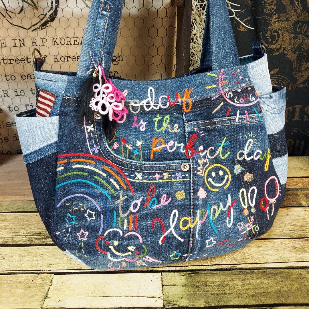 刺繍デニムバック　No.641　デニムリメイク　刺繍バック　チューリップバック