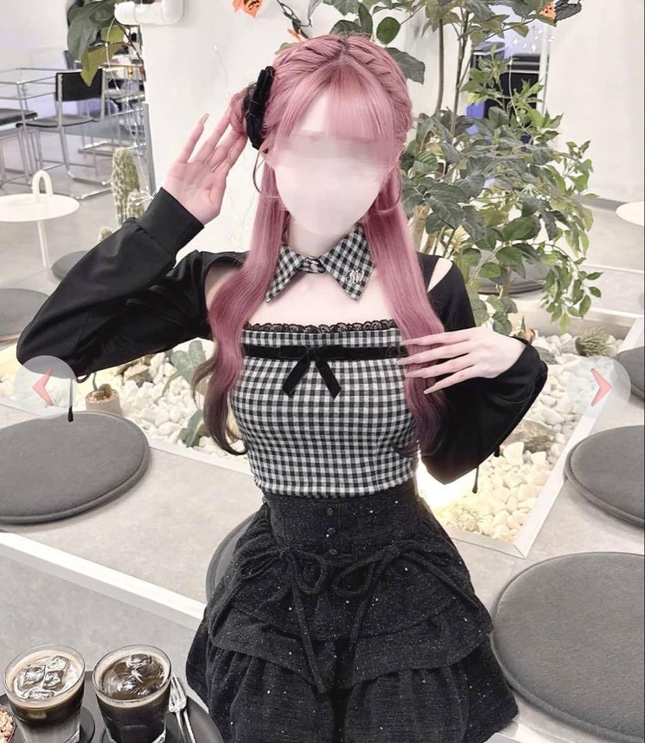 HONEY MEW ハニーミュウ リボンスリットギンガムアンサンブルトップス