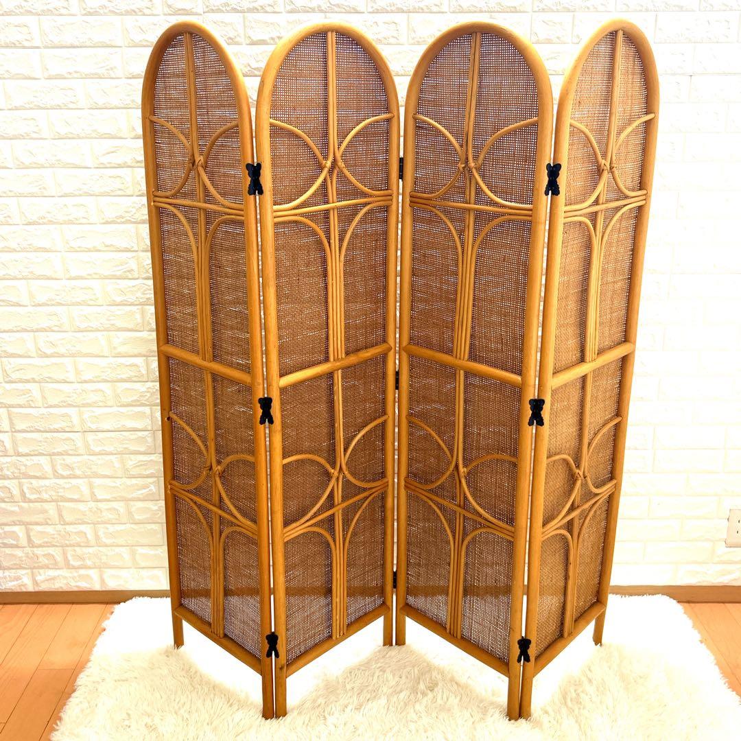 【 美品】籐家具　衝立　レトロ　パーテーション　ラタンスクリーン 4連 H160