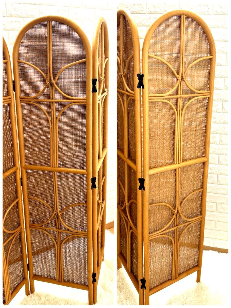 【 美品】籐家具　衝立　レトロ　パーテーション　ラタンスクリーン 4連 H160