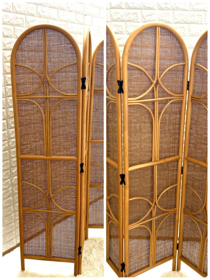 【 美品】籐家具　衝立　レトロ　パーテーション　ラタンスクリーン 4連 H160