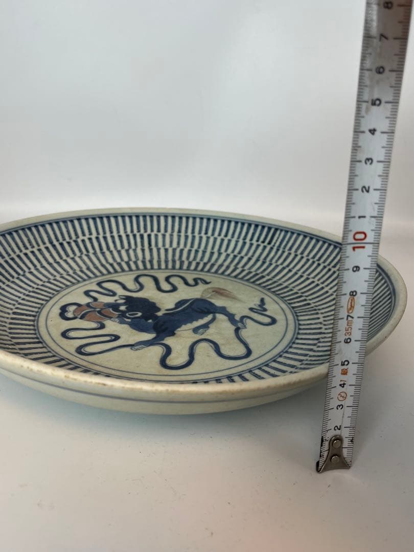 中国 清時代 染付 青華醒獅紋 飾皿　 時代保証