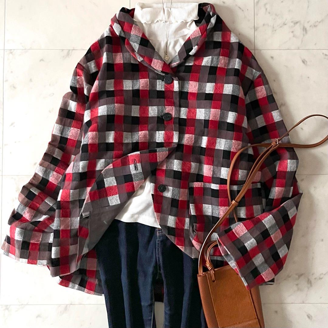 美品＊慈雨 センソユニコ ウールアンゴラ混ジャケット 40 赤黒系チェック 長袖