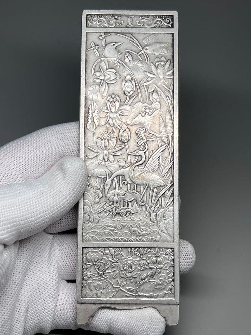 中国美術　春夏秋冬4枚セット　文鎮　金属工芸　浮彫　刻印あり　厚重　コレクション