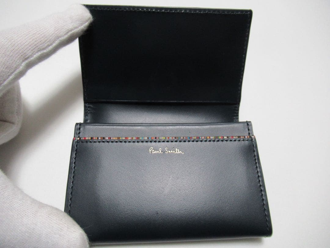 ポールスミス 新品！マーケトリーストライプラビット牛革名刺入れ カードケース 紺