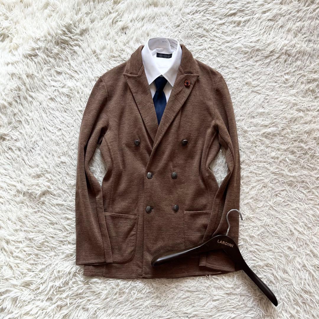 <美品>LARDINI ブラウン ダブル ウール ニットジャケット サイズＭ