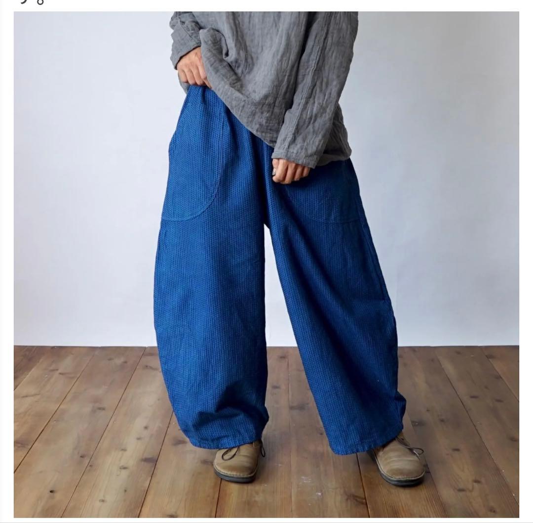 UZUIRO 一本刺し子 バルーンパンツ/ブルー/三河木綿 刺し子織