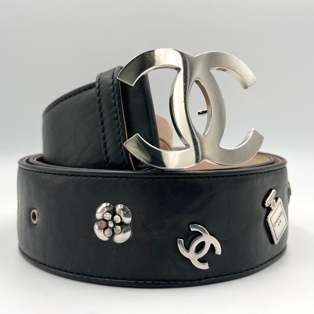 極美品★シャネル ココマーク　カメリア　レザー　ベルト　ブラック　黒　85/34