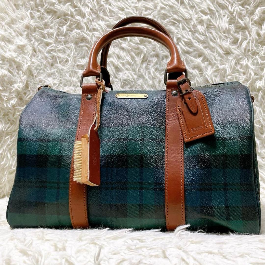 ポロラルフローレン ミニボストンバッグ PVC ブラックウォッチ ブラシ付