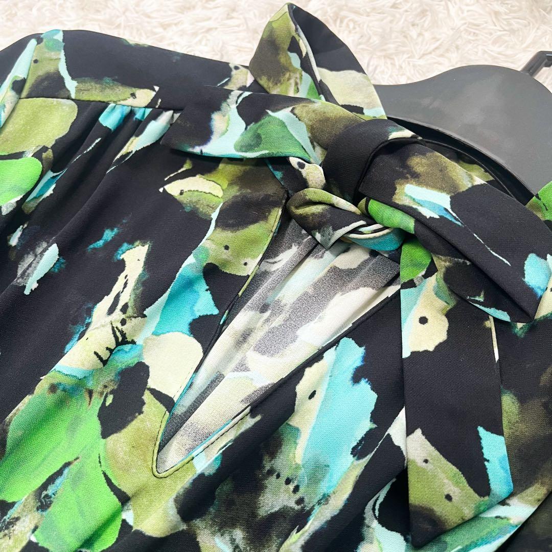 CORCOVADO ボウタイロングワンピース 総柄 グリーン シャーリング