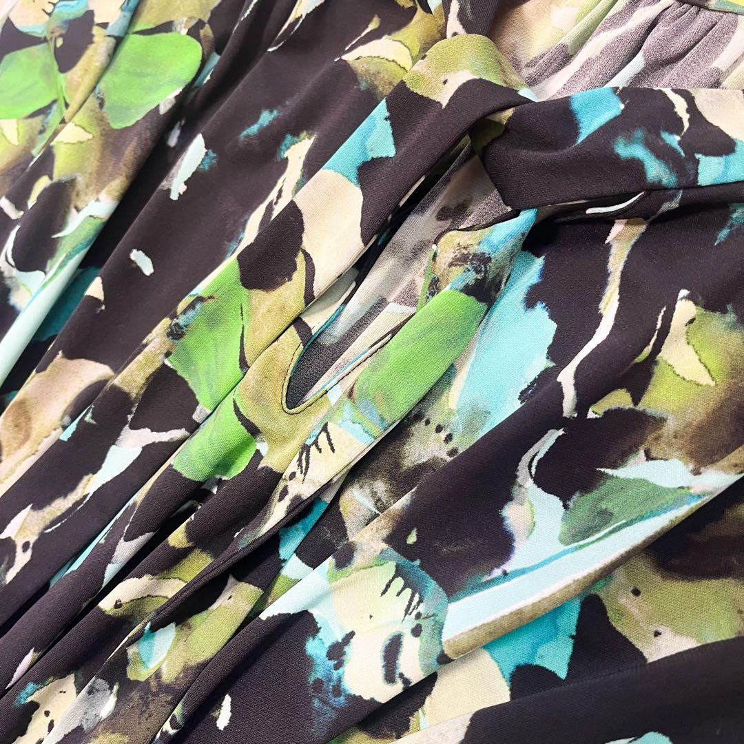 CORCOVADO ボウタイロングワンピース 総柄 グリーン シャーリング