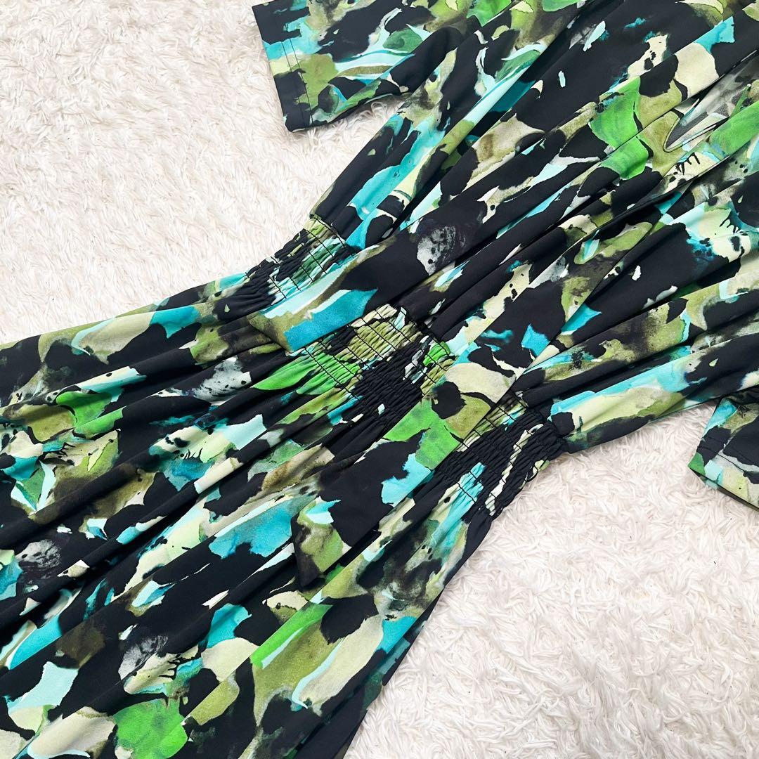 CORCOVADO ボウタイロングワンピース 総柄 グリーン シャーリング