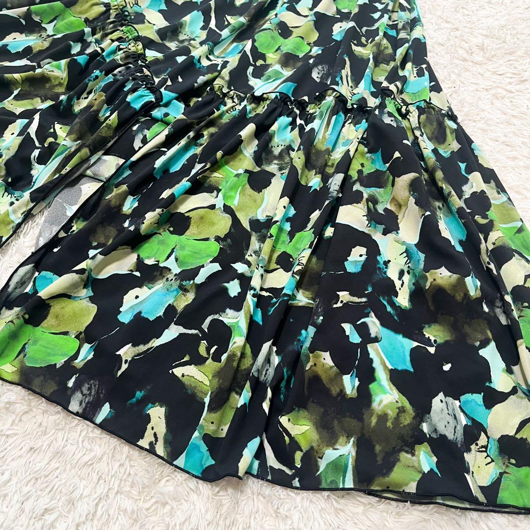 CORCOVADO ボウタイロングワンピース 総柄 グリーン シャーリング