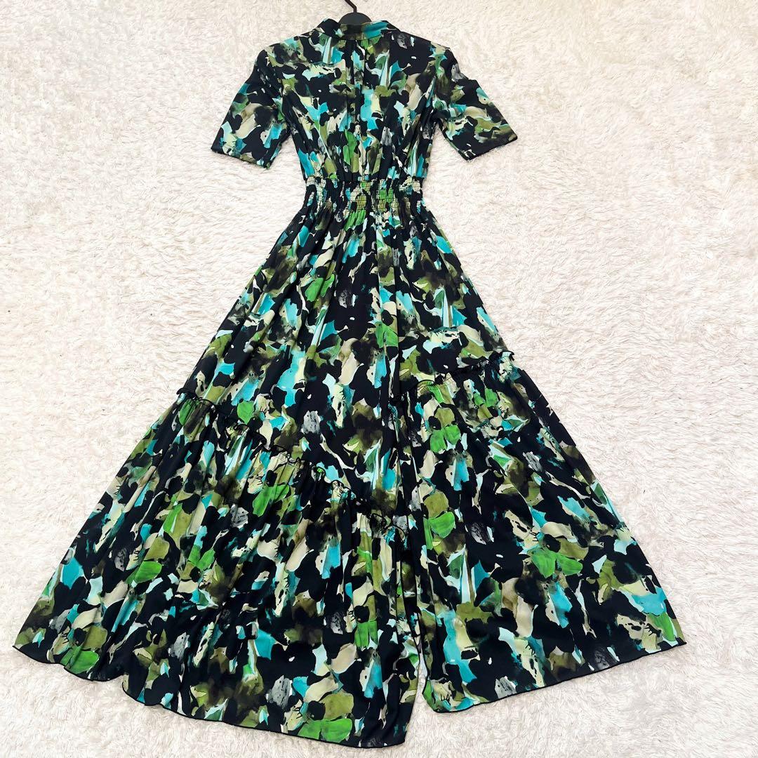 CORCOVADO ボウタイロングワンピース 総柄 グリーン シャーリング