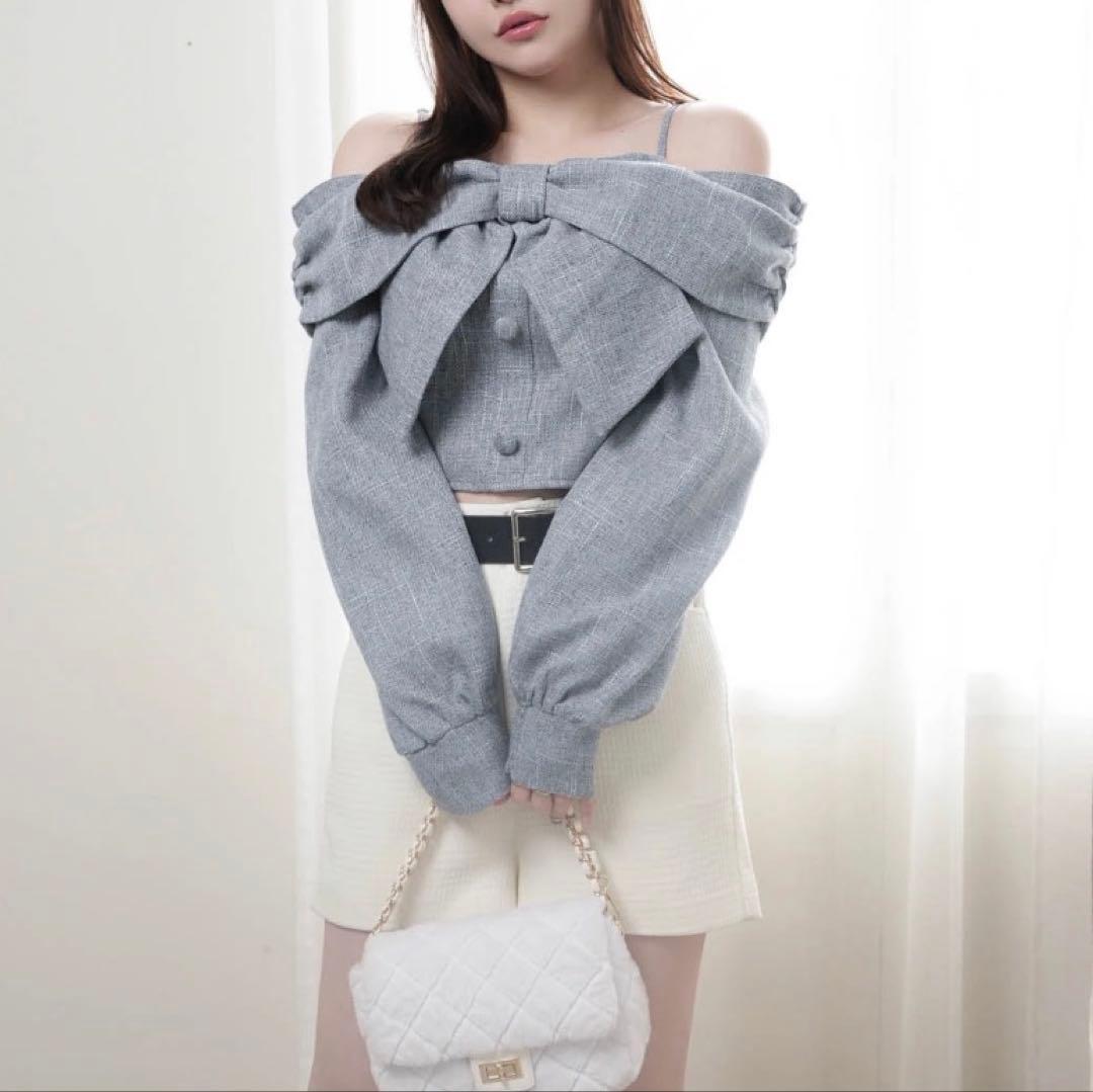 11新品リップサービス定価11990円リボンオフショルロングスリーブトップス青