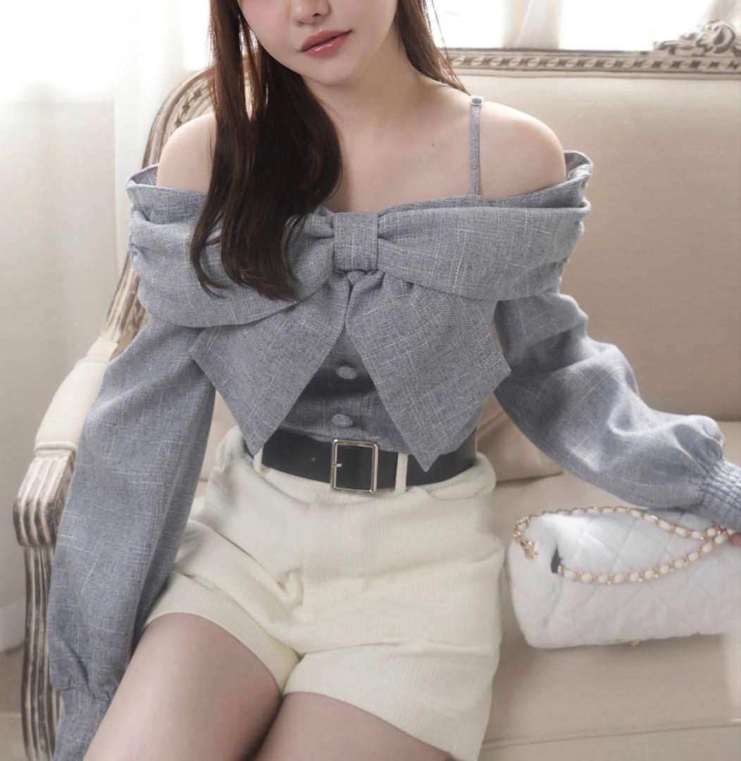 11新品リップサービス定価11990円リボンオフショルロングスリーブトップス青