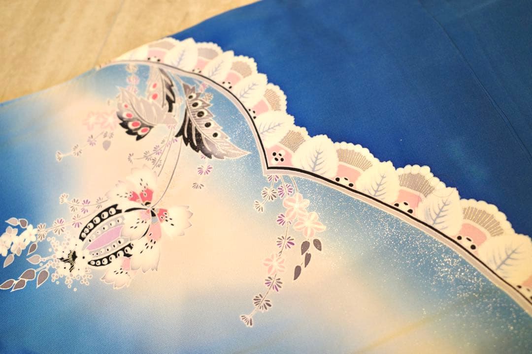 イ*い様 正絹 訪問着｜淡青グラデーション×金彩｜身丈163.5cm｜裄67㎝