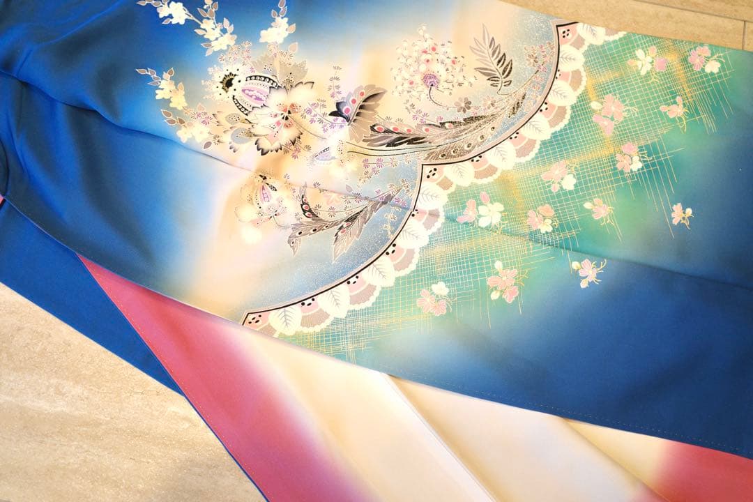 イ*い様 正絹 訪問着｜淡青グラデーション×金彩｜身丈163.5cm｜裄67㎝