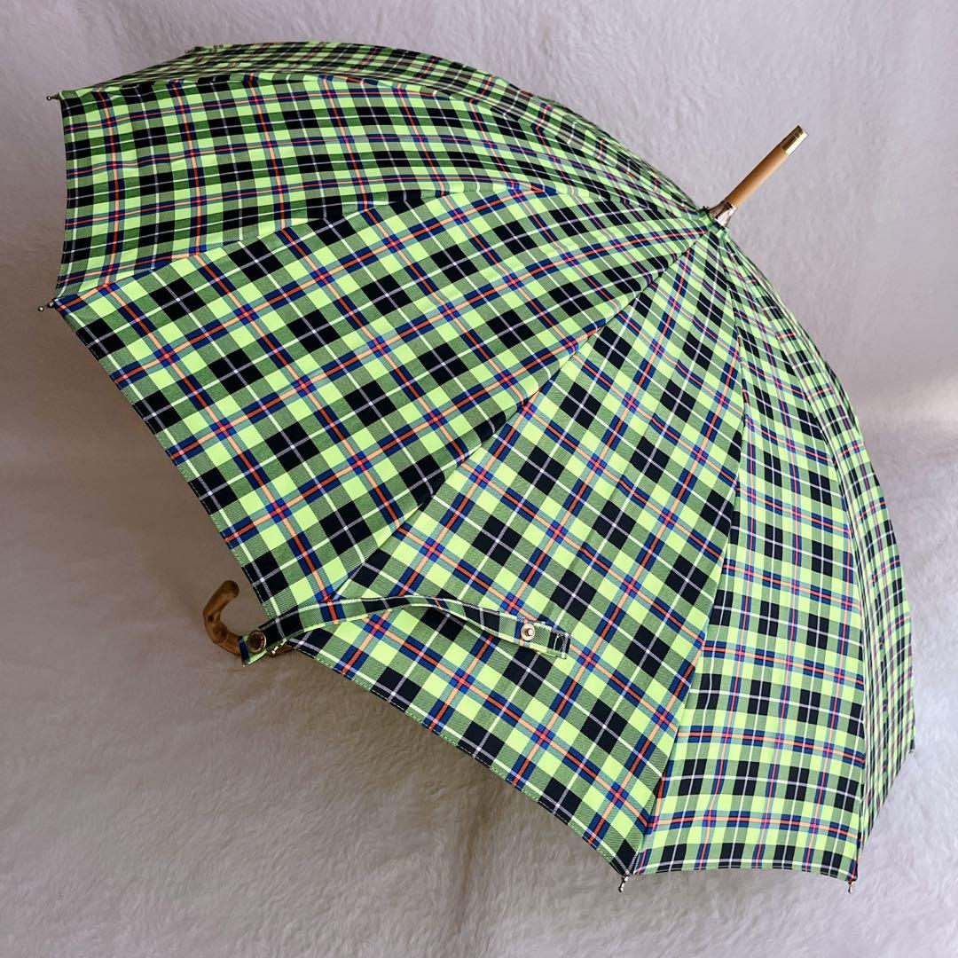 【美品】 トラディショナルウェザーウェア チェック ライムグリーン バンブー 傘