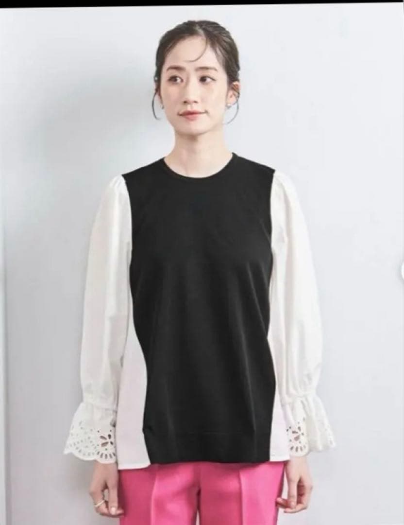 スカラップコンビスリーブプルオーバー　ブラック　白