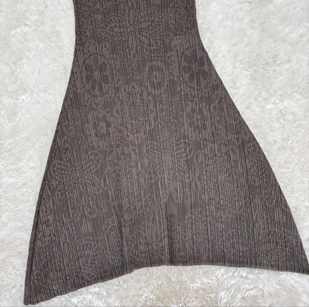 プリーツプリーズイッセイミヤケフラワー 小紋柄 ワンピース総レースブラウン系Ｍ