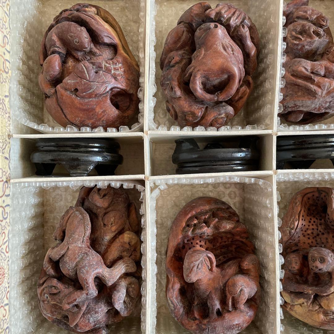 中国美術　干支 木彫り 12個セット 十二支 木製置物　アンティーク　China