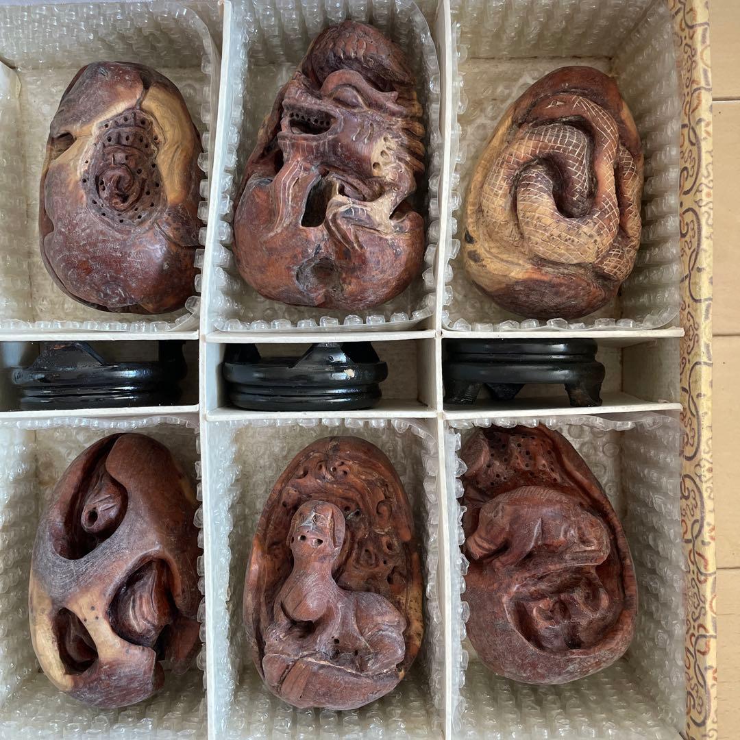 中国美術　干支 木彫り 12個セット 十二支 木製置物　アンティーク　China