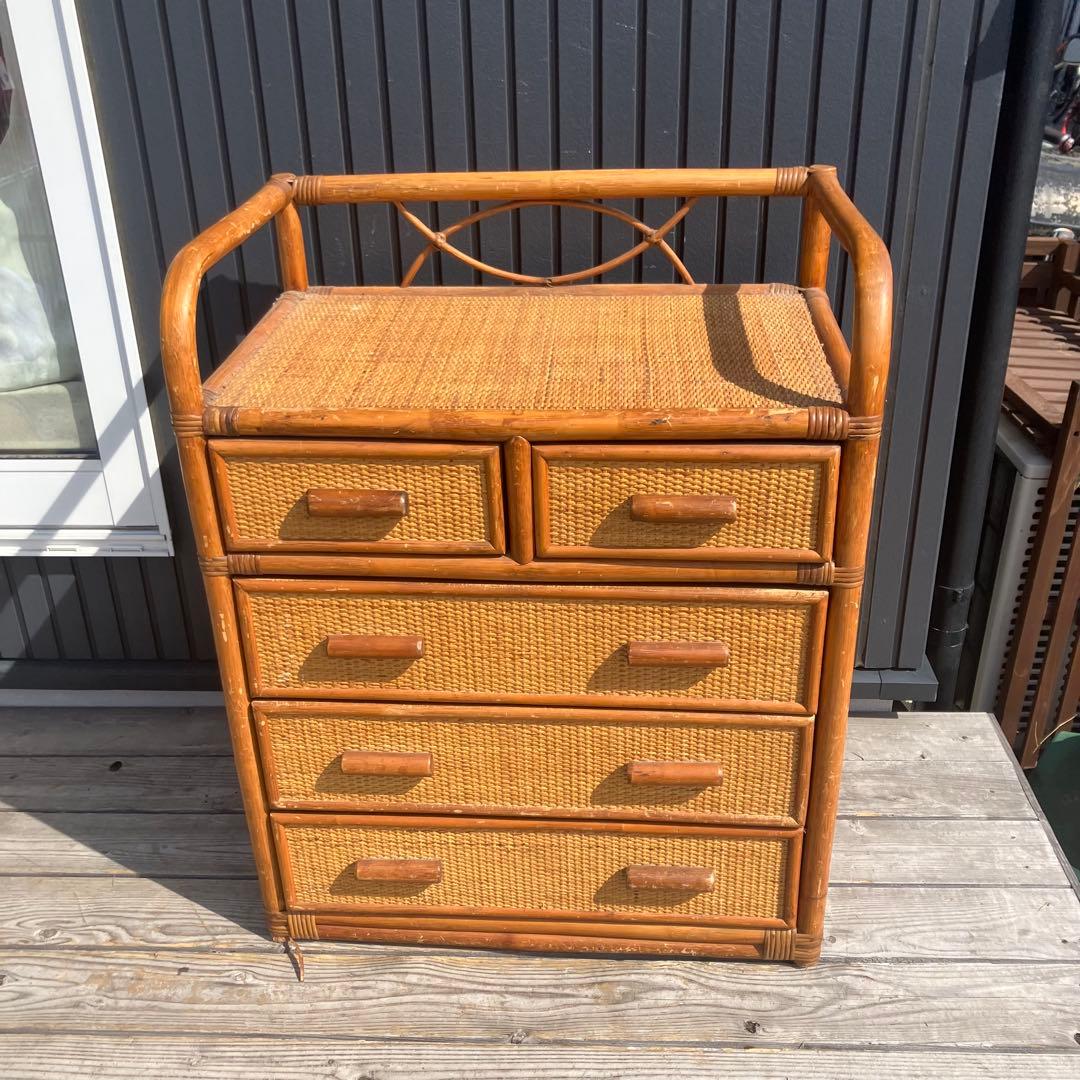 昭和レトロ ラタンチェスト 4段5杯 引き出し箪笥 古家具 ビンテージ 籐家具