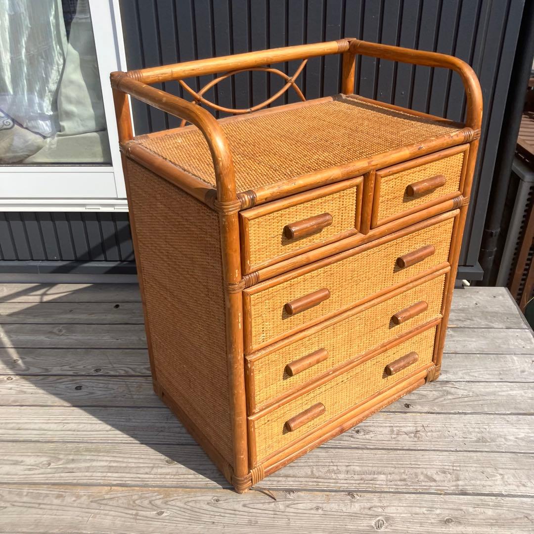 昭和レトロ ラタンチェスト 4段5杯 引き出し箪笥 古家具 ビンテージ 籐家具