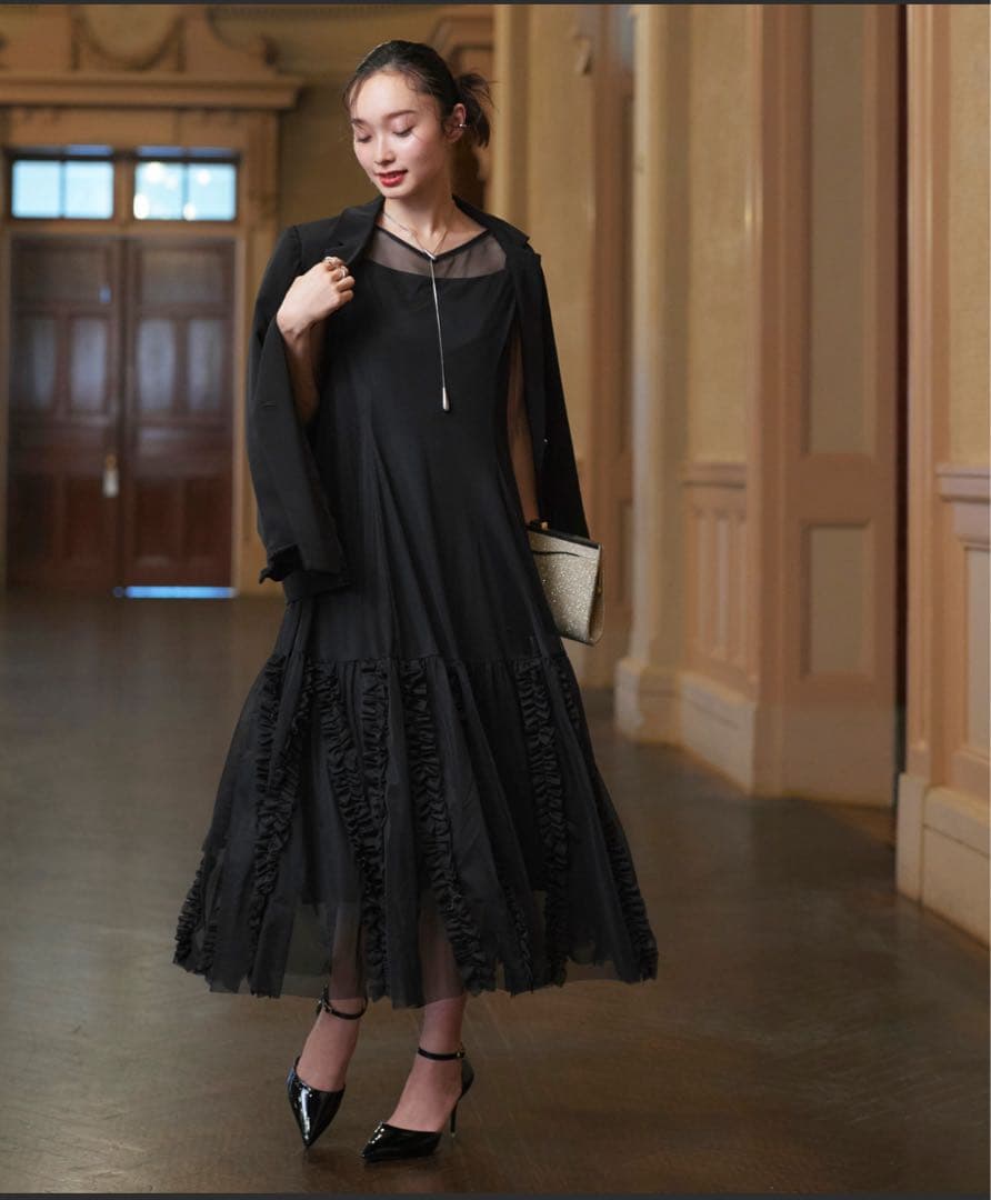 【美品送料込】ブラックフリルパーティードレス　ジャケット　ワンピース　XL