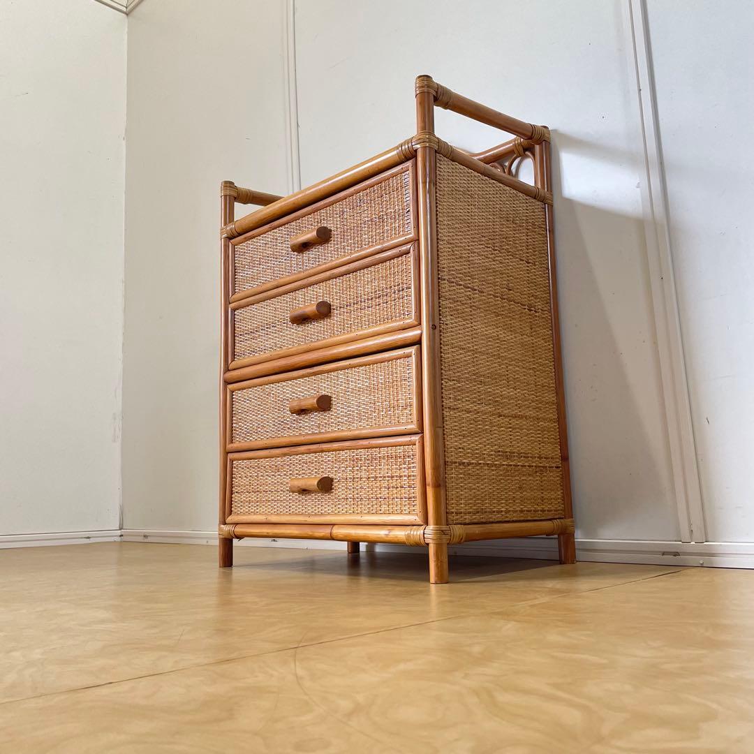 ビンテージ 籐 ラタン 4段チェスト 引き出し 収納 タンス 電話台