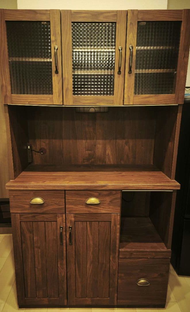 ウッド調 キッチン収納 食器棚 ガラス扉付き