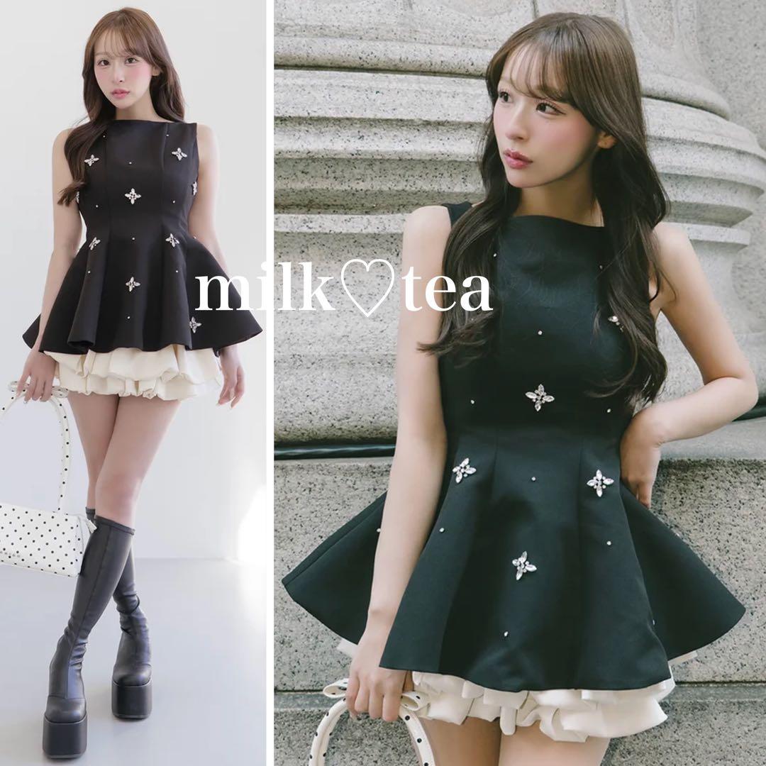 新品タグ付 ダーリッチ ブラック フリー ビジューフレアバルーンミニドレス