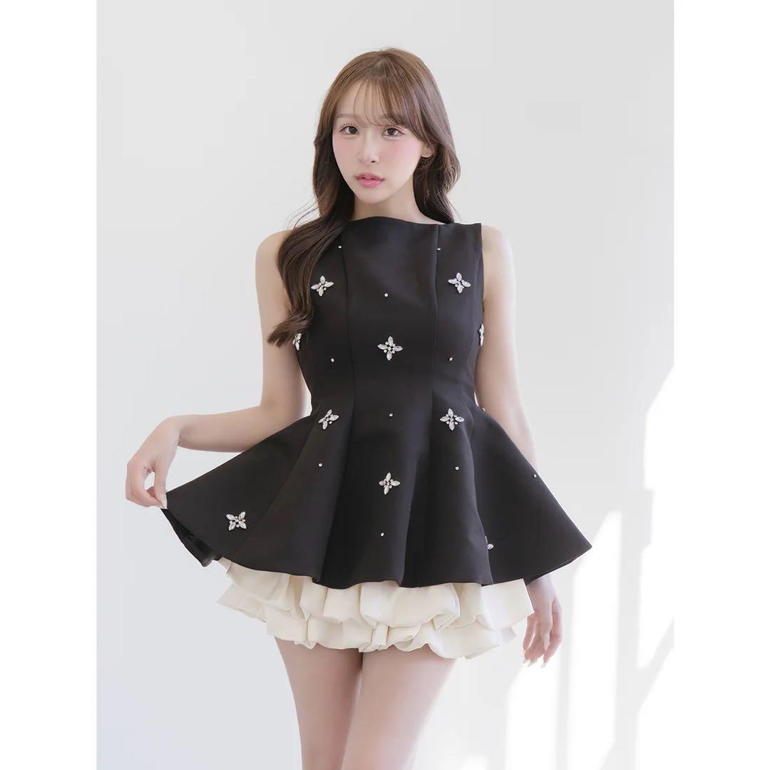 新品タグ付 ダーリッチ ブラック フリー ビジューフレアバルーンミニドレス