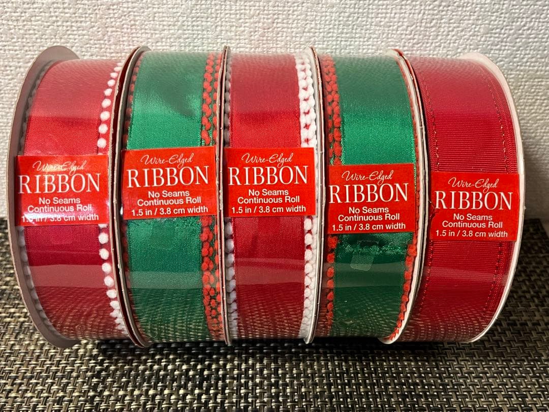 お値下！ワイヤーエッジリボン 赤緑クリスマスカラー５本各 50ヤード新品未使用